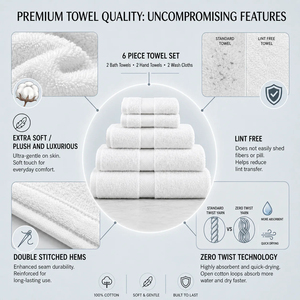 Ensemble de serviettes de luxe 100% coton, 6 pièces, sans torsion, séchage rapide, très absorbantes, serviettes de bain, serviettes de toilette, débarbouillettes - Product Image 6