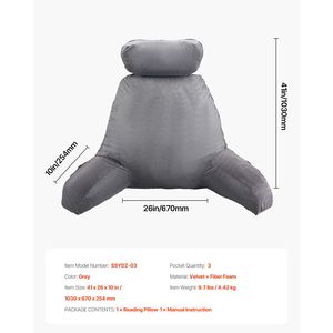 Large Bed & Reading <b>Pillow</b> with Removable Headrest Washable Short V Shredded <b>Memory</b> Foam 3 Pockets for Bed Rest & Reading - Product Image 5