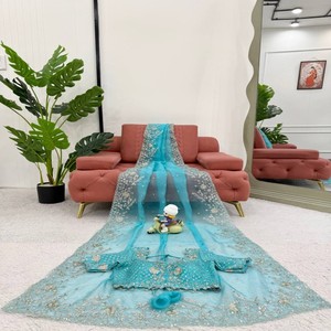 Sari en organza de soie VASTRA COTTAGE avec broderie de fils et de sequins, chemisier brodé non cousu, collection pour mariage et fêtes - Product Image 2