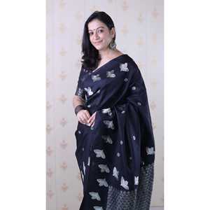 Sari de Seda Negra Suave con Doble Zari y Borde de Aves de Elite Weaves, Blusas y Camisas para Mujer, 650g - Product Image 4