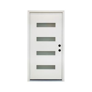 36X80 Estilo contemporáneo 4-Lite Vidrio esmerilado Puerta de entrada de fibra de vidrio Brickmould Mano izquierda Inswing Marco de vinilo Frente blanco - Product Image 1