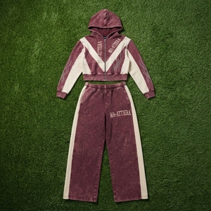 Conjunto de Sudadera Corta con Cremallera y Pantalones Anchos de Chándal Color Granate Crema con Lavado Ácido para Mujer, Venta al por Mayor OEM - Product Image 6