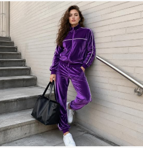 Ensemble de survêtement en velours violet unisexe, veste à fermeture éclair et pantalon, tenue de sport deux pièces - Product Image 5