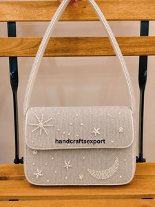 Sac à main perlé soleil lune étoile, tendance, léger, écologique, sac à bandoulière blanc, artisanal, brodé |   Personnalisé - Product Image 1