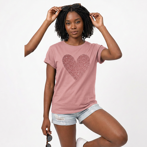 Women's High Quality Loose Fit Short Sleeve T-Shirt with Logo Eco-Friendly Casual Style for Summer-<b>Red</b> <b>Glitter</b> Heart Graphic - Product Image 4