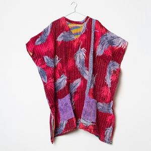 Leaf Print Vintage Cotton Kaftan Dress Vintage Knee-Length Indian Beach Cover-Up V-neck Dresses - Product Image 1