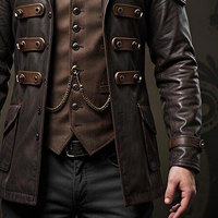 Chaqueta Steampunk de Cuero Marrón Hecha a Mano para Hombre, Estilo Gótico, Estilo Victoriano, Chaquetas de Cuero Hechas a Medida para Hombre