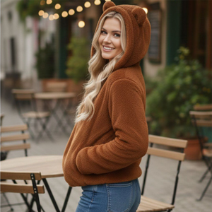 Women Brown Fleece Hooded Jacket With Bear Ears Zipper Closure Kangaroo Pockets Winter Warm Coat sherpa <b>fur</b> faux snow wear - Product Image 3