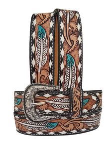 Ceinture en cuir véritable de style western, gravée d'un motif plume, boucle vintage en argent, turquoise, ceinture décontractée pour homme - Product Image 5