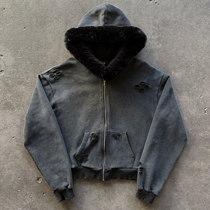 Sudadera con capucha para hombre, de piel sintética, para invierno, 360 g/m², forro polar 100% algodón, corta, ecológica, corte holgado, con logo personalizado. - Product Image 1