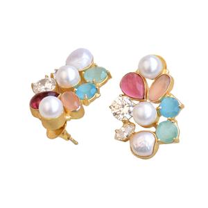 Boucles d'oreilles pendantes en laiton tendance, exportation, zircon, pierre organique, plaqué rhodium, motif unique de créateur, prêt à être expédié - Product Image 3