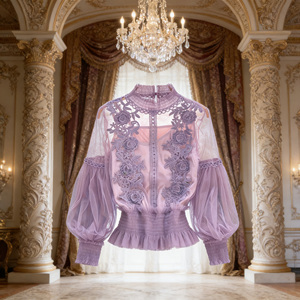 Oferta especial en Temu: Blusa romántica de encaje morado con bordado de malla, cuello alto y mangas abullonadas para mujer. - Product Image 4