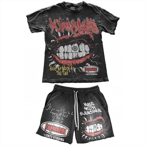 Men's Two-Piece <b>Knitted</b> Cotton Acid Wash Short <b>Set</b> Sleeveless Men's T-Shirt Raw Edge Sweat Shorts for Summer Formal 3D Pattern - Product Image 6