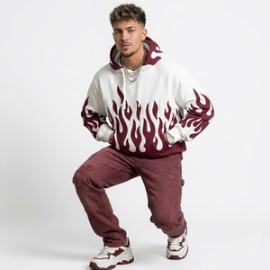 Custom Oversized <b>Men's</b> Hooded Sweatshirt White <b>Burgundy</b> Flame Print Regular Sleeve French Terry Autumn Streetwear Style - Product Image 5