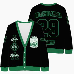Cardigan tricoté personnalisé pour femmes Iota Phi Lambda, noir et vert émeraude, avec lettres, blason, numéro et année, boutonné sur le devant - Product Image 3