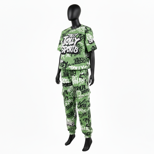 Conjunto de Pantalón y Camiseta de Felpa de Algodón y Poliéster de Primera Calidad, 220 GSM, para Mujer, Estampado de Grafiti Verde, Logotipo Personalizado - Product Image 4