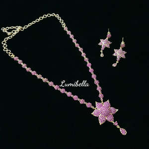 Fashion Jewelry Set <b>Ruby</b> Colored American Diamond <b>Necklace</b> Floral Style - Product Image 1