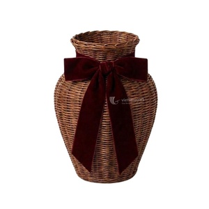 Wicker Flower Vase with Burgundy Velvet <b>Bow</b>, Rattan Decorative Floor Tabletop Urn Vase for Christmas & Holiday Home - Product Image 1