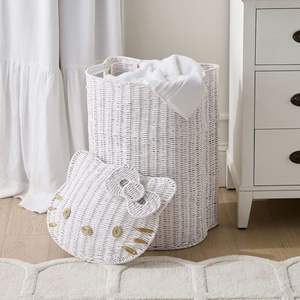 Panier à linge en rotin blanc en forme de chat avec couvercle amovible, panier de rangement tressé en forme d'animal, bac de rangement pour jouets de filles - Product Image 2