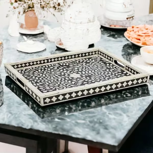 Plateau rectangulaire en os incrusté d'Inde pour servir la nourriture en cuisine lors d'occasions spéciales - PLATEAU EN OS INCUSTÉ - Product Image 1