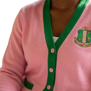 Pink <b>Varsity</b> <b>Cardigan</b> Sweater with Green Trim Button Front Long Sleeve Knit Pullover Casual Fashion Sweater for Women - Product Image 2