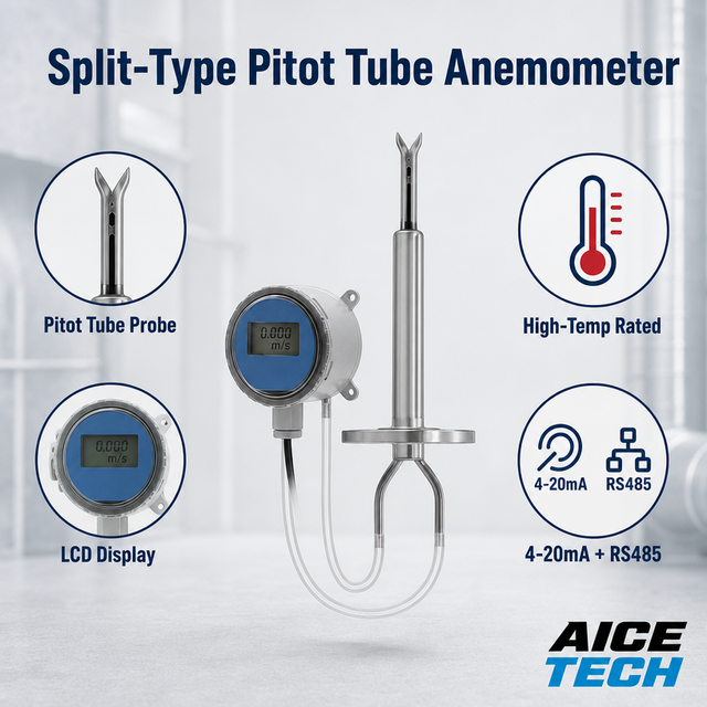 High Temperature Anti-Clogging Pitot Tube Air Velocity Transmitter 4-20mA 0-10V RS485 0-70m/s LCD Display Split Type
