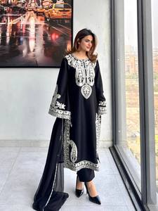 Women's Black Embroidered Kurta Set With <b>White</b> <b>Lace</b> Loose Fit Ankle-Length Traditional Indian Pakistani Wear All Seasons - Product Image 5