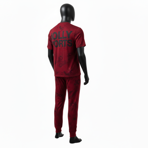 Conjunto de camiseta y pantalón deportivo para hombre de jersey de algodón y poliéster premium, color borgoña, con estampado completo y logotipo personalizado. - Product Image 5