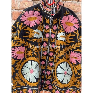 Indian Floral Embroidered Quilted Velvet Jacket with Two Side Pockets Unisex Quick Dry Hand <b>Stitch</b> Suzani Design - Product Image 4