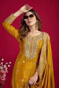 FANCY CHINON SILK EMBROIDERY SEQUENCE WORK TOP SHARARA WITH DUPATTA YELLOW 74743 - Product Image 2
