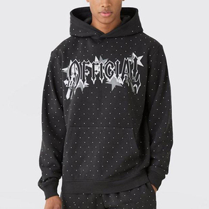 Ensemble de survêtement décontracté pour homme, noir, à capuche, entièrement zippé, motif à pois, respirant, poids moyen, streetwear, avec strass - Product Image 4