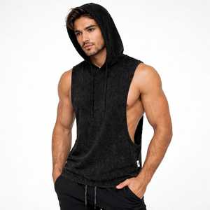Débardeur de sport à capuche sans manches en coton 100 % confortable avec poches pour hommes, noir - Product Image 1