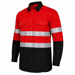 Camisa de Trabajo de Seguridad de Manga Larga Reflectante de Alta Visibilidad para Hombre, Roja y Negra, de Poliéster Tejido Transpirable con Diseño de Bolsillos - Product Image 3
