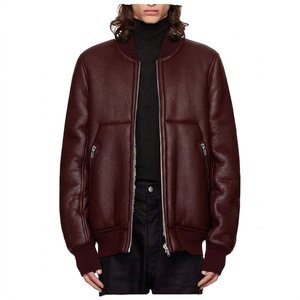 Blouson aviateur en cuir véritable pour homme, col montant, fermeture éclair, style moto, doublure en coton épais, couleur unie - Product Image 5