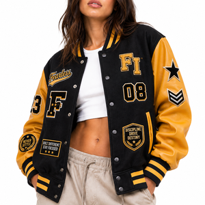 Chaqueta Varsity para Mujer, Personalizada con Parches, Manga de Cuero Sintético, Estilo Y2K, Proveedor Mayorista de Chaquetas de Moda para Mujer - Product Image 1