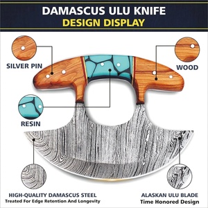 Couteau Ulu personnalisé en acier Damas Nordic Forge, fourreau en cuir, manche en bois d'olivier et résine, couteau à pizza, lame de 5 pouces, OEM - Product Image 3
