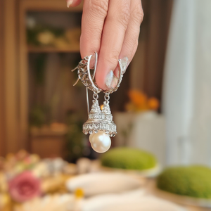 Trendy Hoop Earrings with Pearl and Diamond Accents in Brass Perfect for Wedding Party Anniversary Engagement Gift - Product Image 3