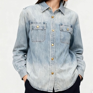 Camisa de mezclilla de algodón estilo occidental para mujer, con botones y solapa, manga larga, ajuste holgado informal, top cómodo de mezclilla azul - Product Image 4