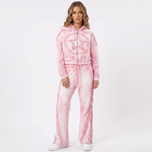 Custom <b>Rhinestone</b> Streetwear 400 GSM Zip up Tracksuit Jogger Sweat Suit Jogger Double Waist Flared Sweatpants and Hoodie Set - Product Image 4