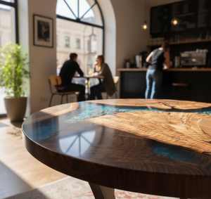 Table basse artisanale de luxe, élégante, personnalisée, écologique, faite à la main, peinte à la main, avec bord naturel et résine océanique, pour décoration côtière - Product Image 2