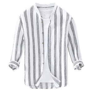 Camisas de Lino para Hombre, Cuello Mandarín, Casual, Holgadas, Manga Larga, a Rayas, Marca Privada, Tela de Lino Puro - Product Image 1