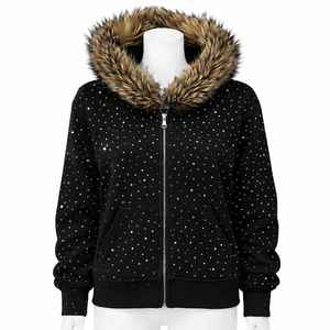 Sudadera con capucha de piel sintética retro, extragrande, negra, con bordado personalizado, estampado multicolor y pedrería, estilo streetwear, con cremallera. - Product Image 5