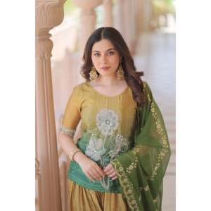 <b>Linen</b> Embroidered Palazzo <b>Set</b> with Silk Dupatta for Women - Product Image 3