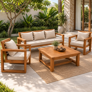 Modern Teak Wood Outdoor Patio <b>Sofa</b> <b>Set</b> with Cushions and Square Coffee Table for Garden Patio Villa Resort Hotel - Product Image 3