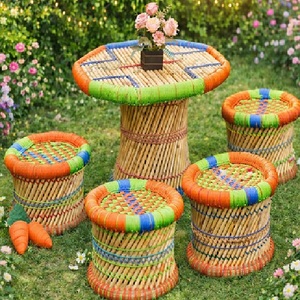 Handmade Eco-Friendly Bamboo Wood Top Frame Farmhouse Modern Outdoor Restaurant <b>Table</b> Set 4 <b>Stools</b> Durable Commercial Furniture - Product Image 5