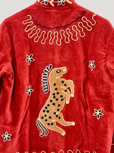 Vintage Red <b>Velvet</b> Embroidered Suzani <b>Jacket</b> With Horse Pattern Full Sleeve Stand Collar Handmade Bohemian Tribal Coat - Product Image 5