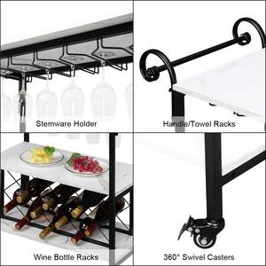 HODELY Carrito de vino de madera de hierro móvil, reposabrazos doble de dos capas, tablero móvil de mármol de imitación de diamante, juego de servicio de 1,5mm, bebidas - Product Image 4