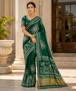 Emerald <b>Green</b> <b>Silk</b> Saree With Gold Embroidery Traditional Indian Wedding Wear For Women Floor-Length Regular Fit - Product Image 1