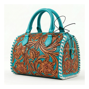 Turquoise Accent Real Leather Mini Duffle Bag Tooled Leather Western Cowgirl Purse 2026 Trendy Medium Cowhide Embossed Speedy - Product Image 1