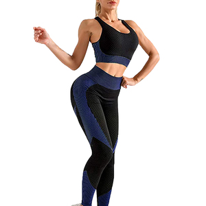 High Waisted Yoga Set Color Blocking Mesh Leggings Racerback Sports <b>Bra</b> Seamless Four-Way Stretch 2 Piece Activewear - Product Image 1